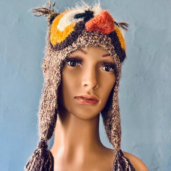 Handmade Accessories - Knitted Funky Owl Hat made in Peru size S